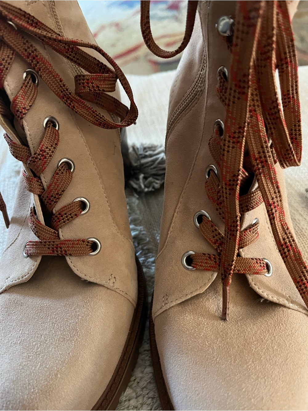 Vince Camuto Beige Suede Lace-Up Ankle Boots with Patterned Laces